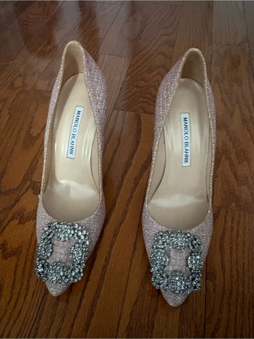 Manolo Blahnik Hangisi Pink Rose Gold Crystal-Buckle Pointed Pumps